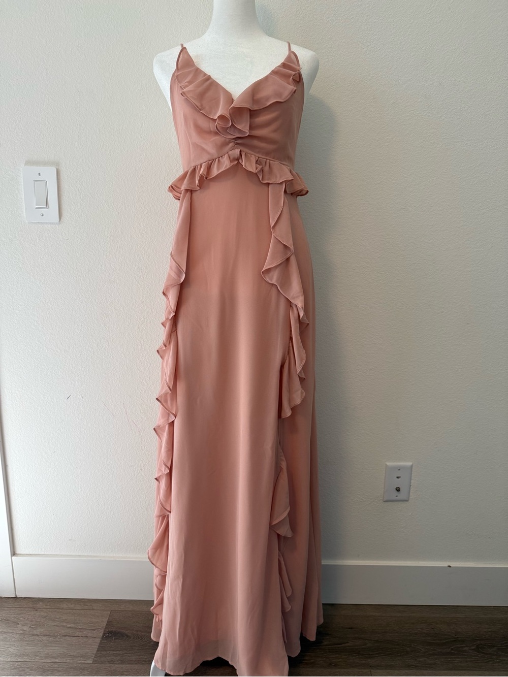 ASTR The Label Adoria Ruffle Side Slit Maxi Dress Nude Peach Size S